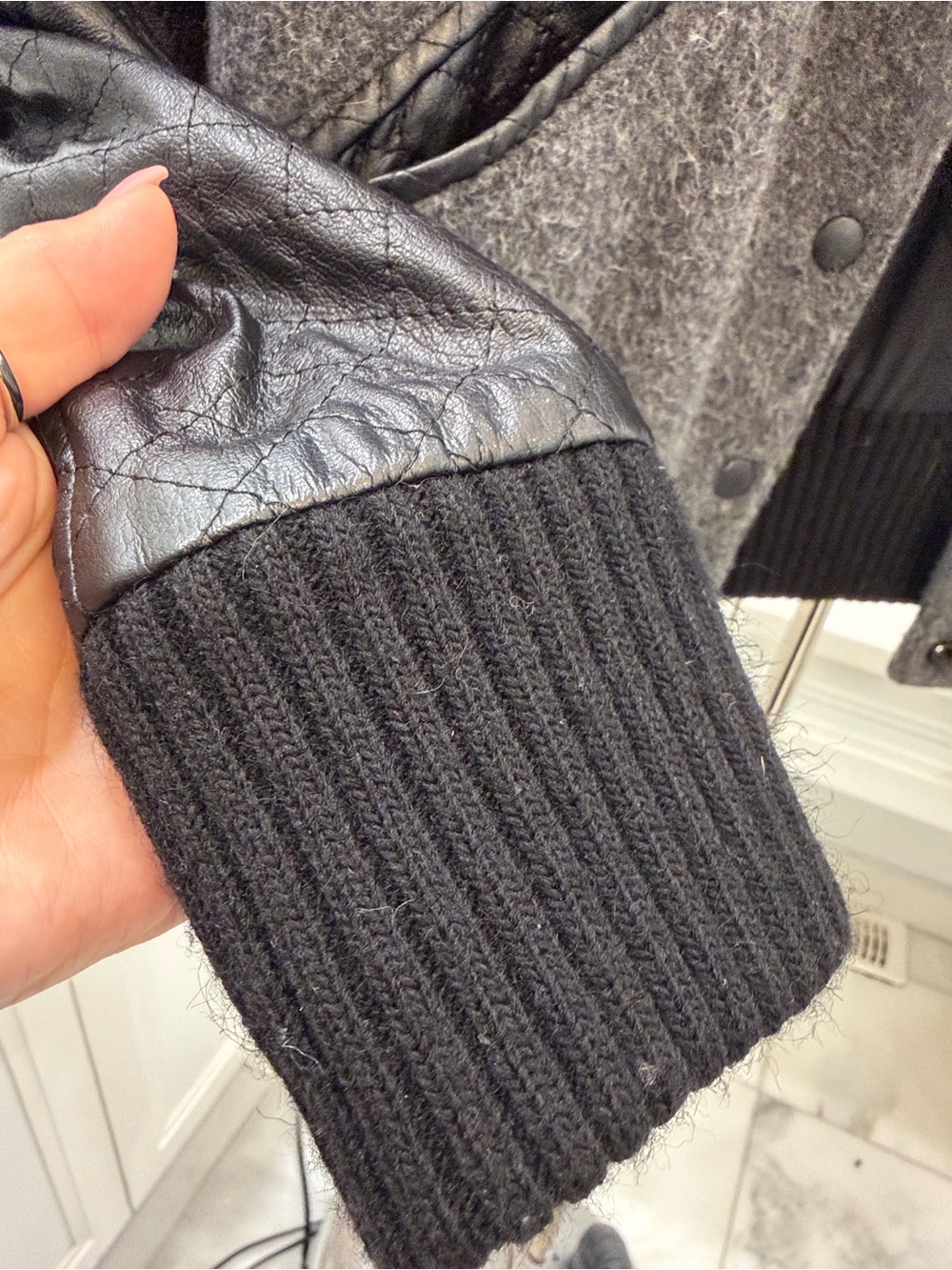 Smythe Gray Wool Bomber Jacket with Black Quilted Leather Sleeves - Picture 6 of 8